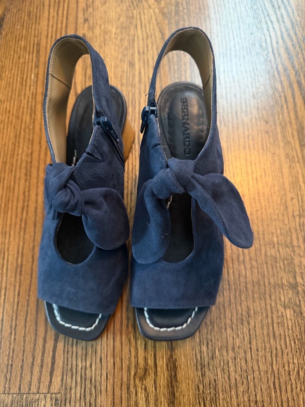 Bernardo Navy Suede Knot Peep-Toe Slingback Heels